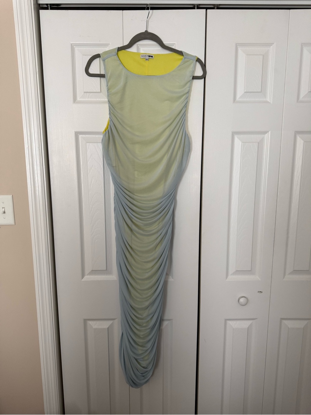 Fashion Nova Sky Blue & Lemon Ruched Sleeveless Dress